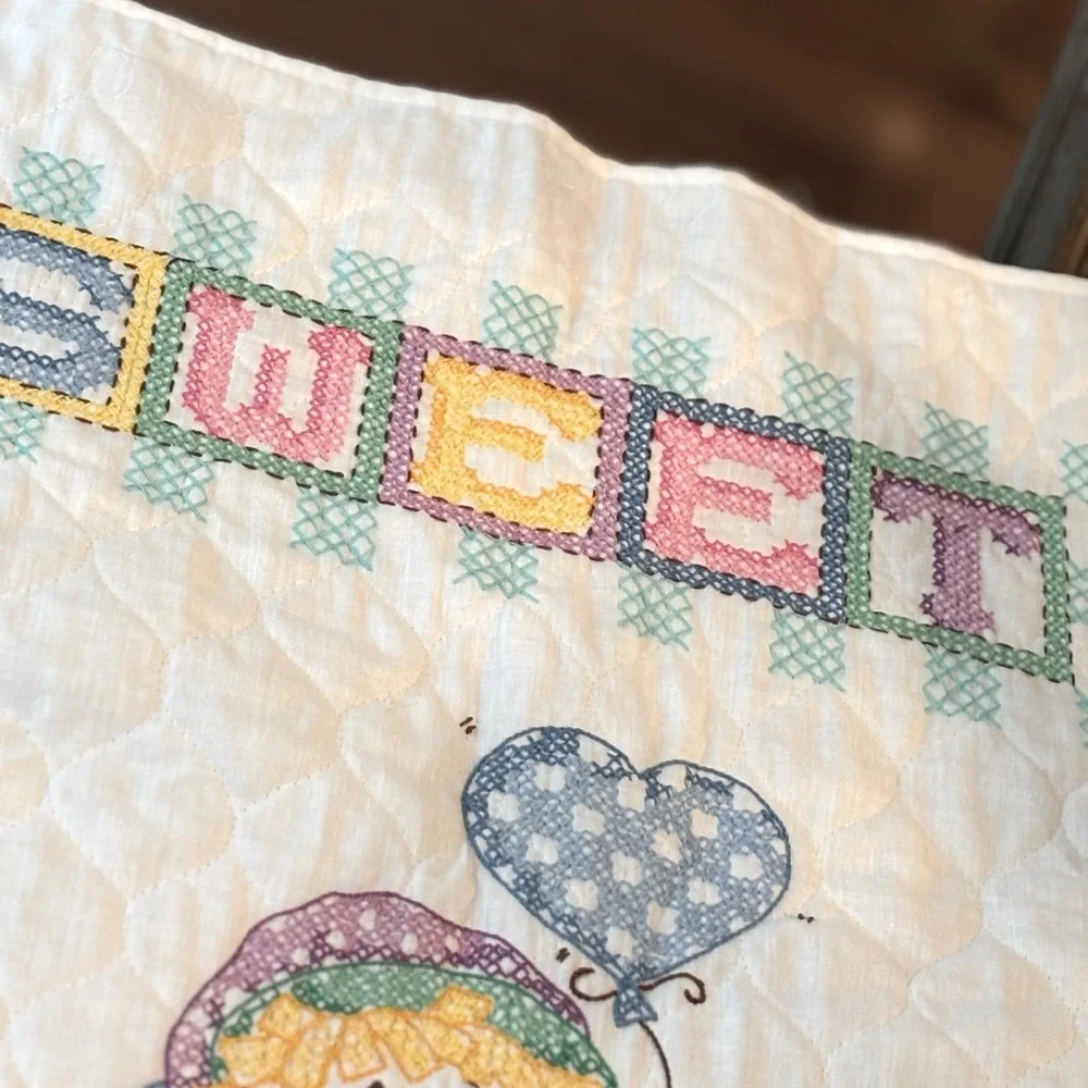 Vintage Clown Cross Stitched Baby Quilt. Blanket| Sweet Dreams |Pastel 39.5x28.5